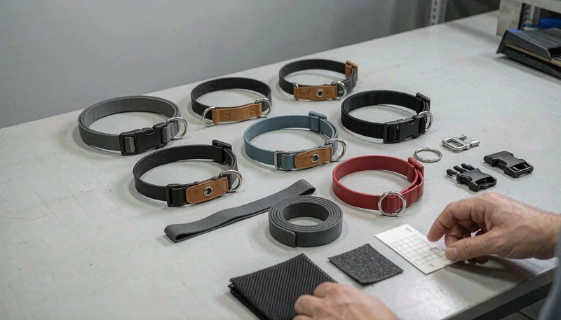 B2B buyer reviewing a custom dog collar sample and specifications B2B buyer reviewing a custom dog collar sample and specifications